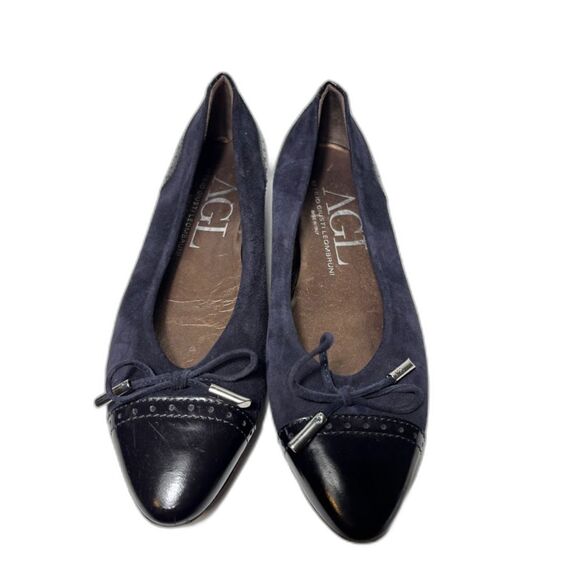 AGL Ballet Flats women's size 38.5 8 blue suede leather toe cap preppy ballerina - Picture 2 of 7